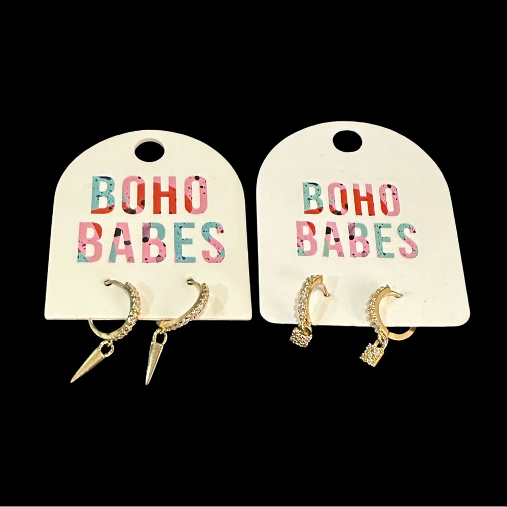 Boho Babes Jewels Earrings Two 2 Pair Hinged Hoops with Dangles Gold Tone New